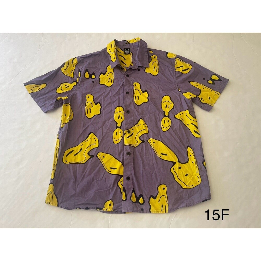 NEFF Men's Daily Button Up‎ Smiley Face Purple Yellow Size Large